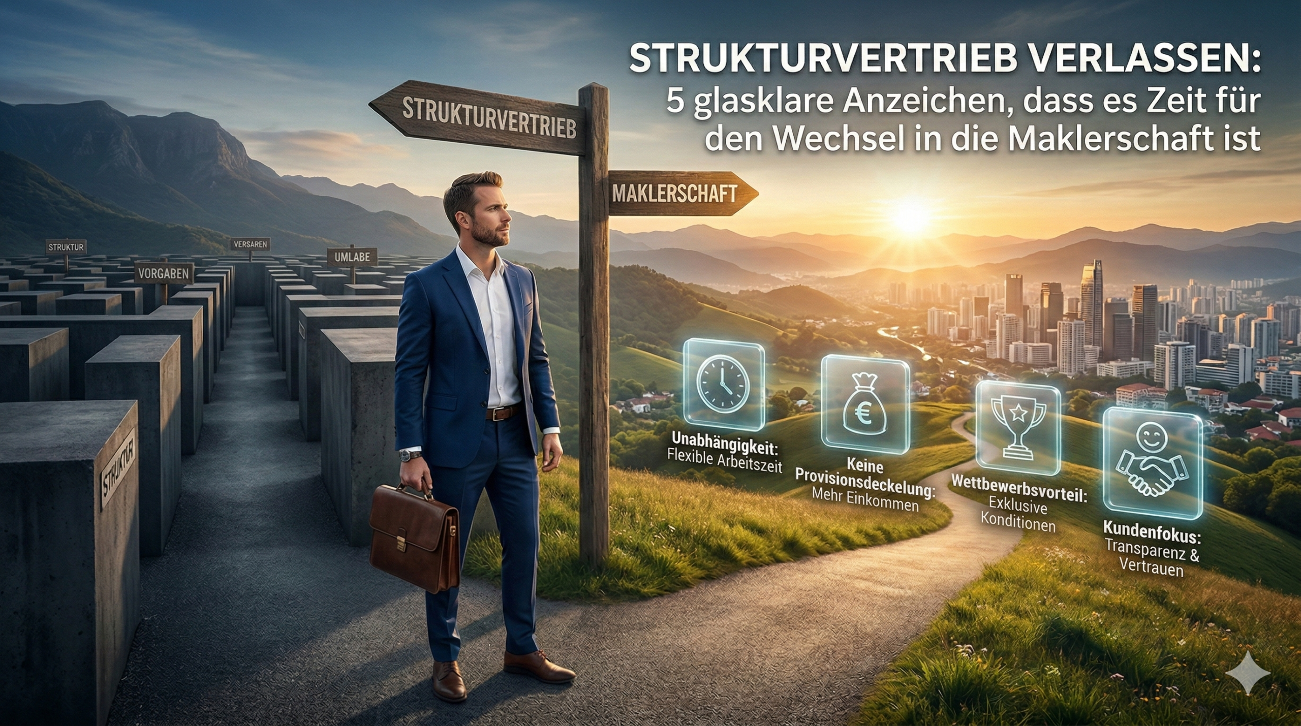 Eine Person, die zwischen Strukturvertrieb und Maklerschaft steht.